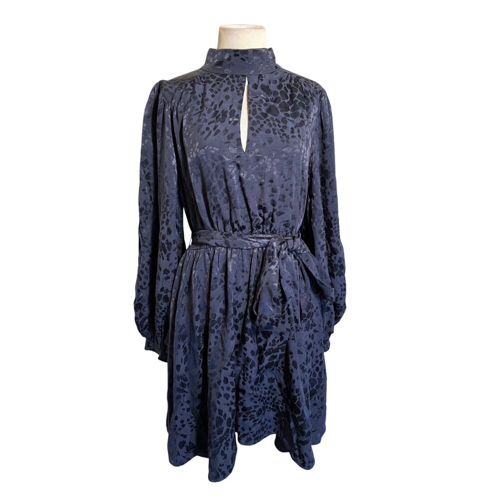 Anthropologie Navy Tonal Leopard Jacquard Open Back Mini Dress M